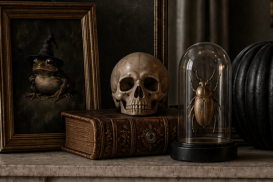 Drawing room dressed for Halloween with candles and dark decor