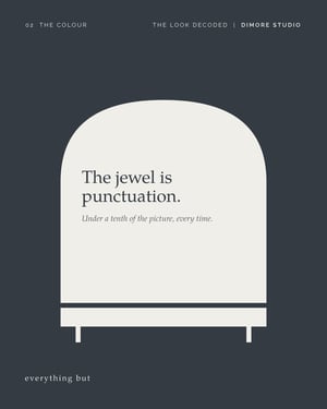 The jewel is punctuation: a rounded tub chair, the soft furnishing where the jewel colour goes