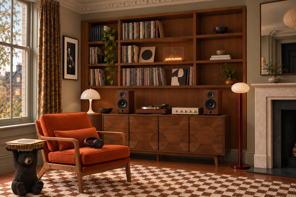 Listening room with an orange accent chair, black bear side table, mid-century sideboard, turntable, mushroom table lamp, red glass floor lamp, Now Playing light and a checkerboard rug