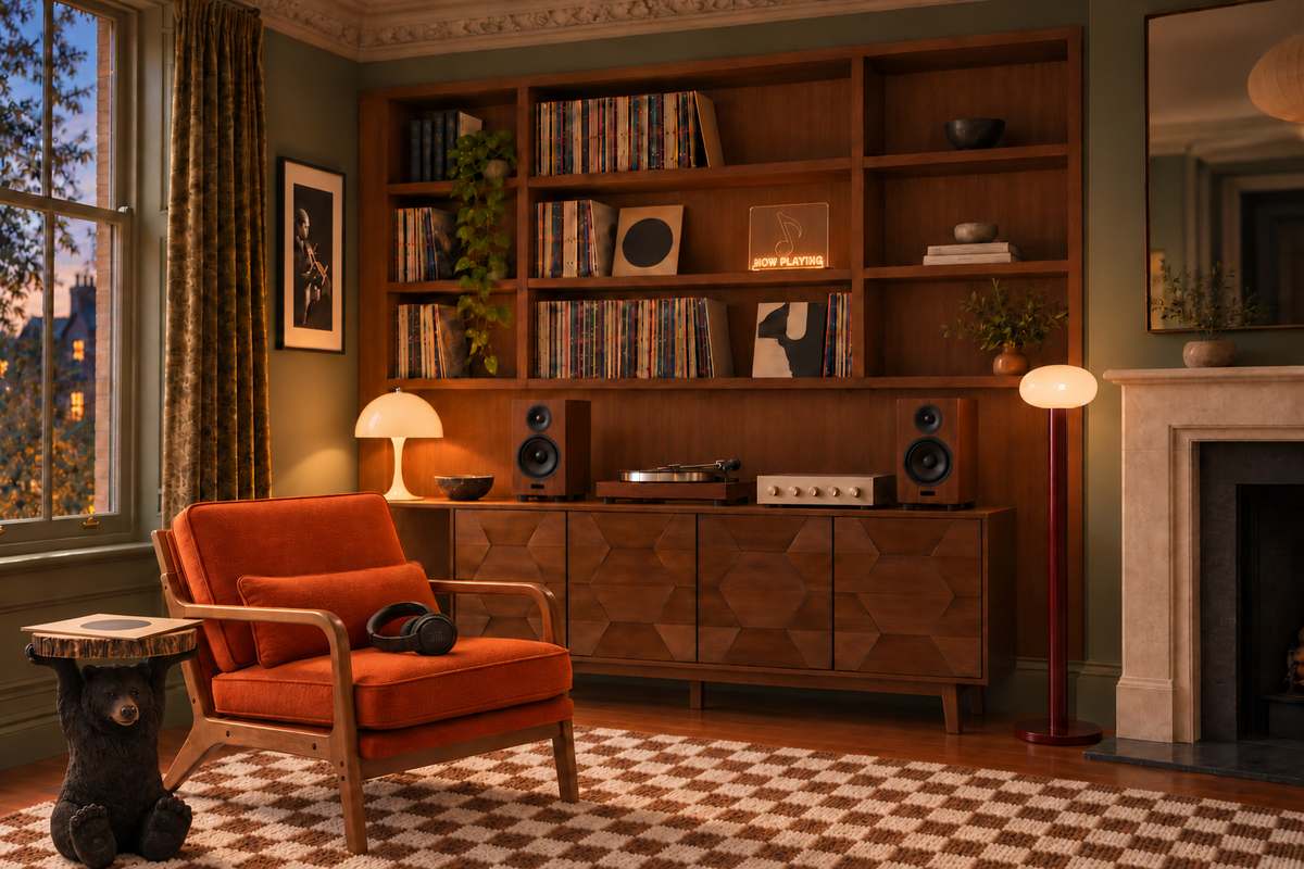 Listening room with an orange accent chair, black bear side table, mid-century sideboard, turntable, mushroom table lamp, red glass floor lamp, Now Playing light and a checkerboard rug