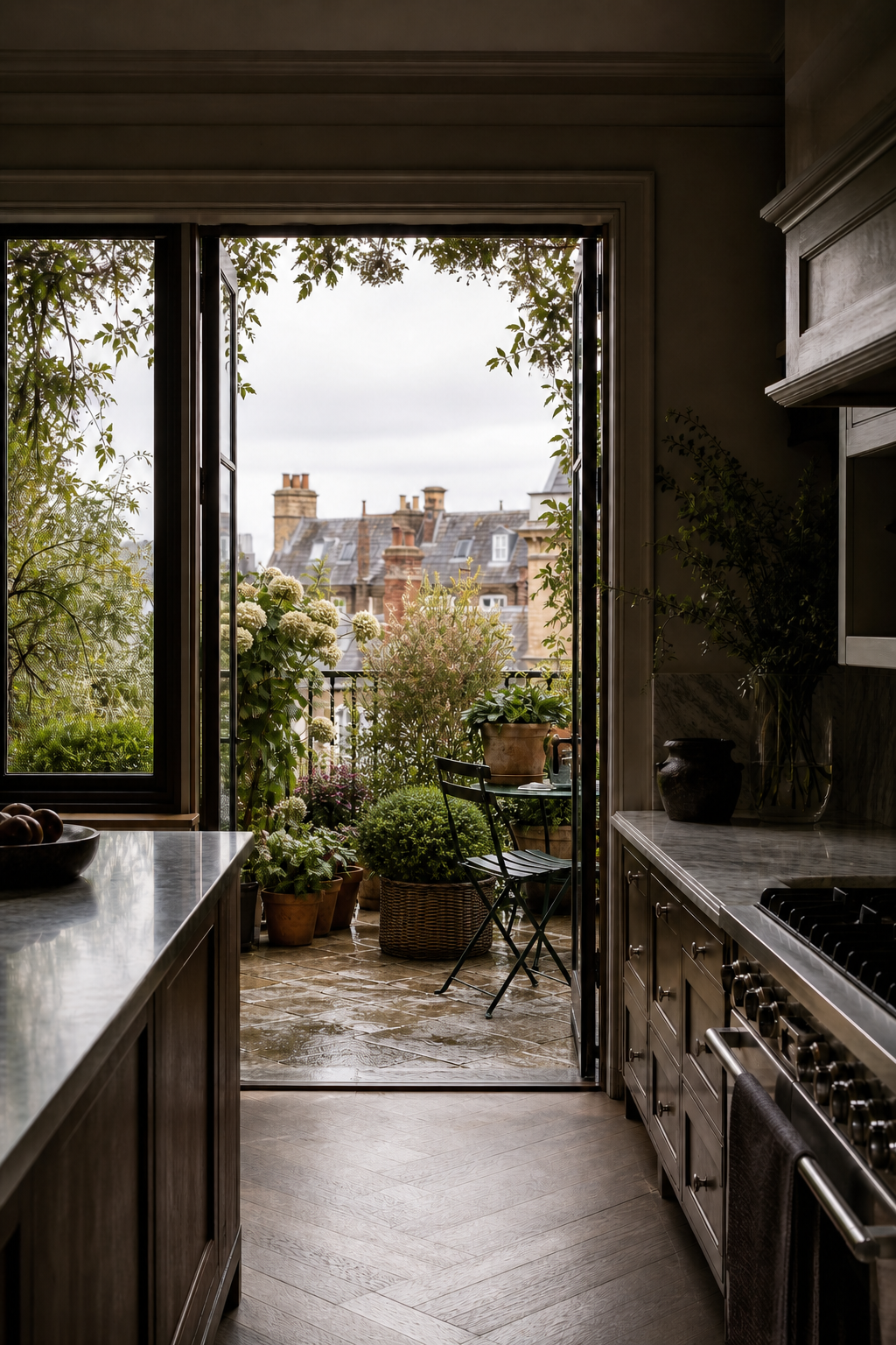 Balcony Garden with Folding Chair in Dark Green