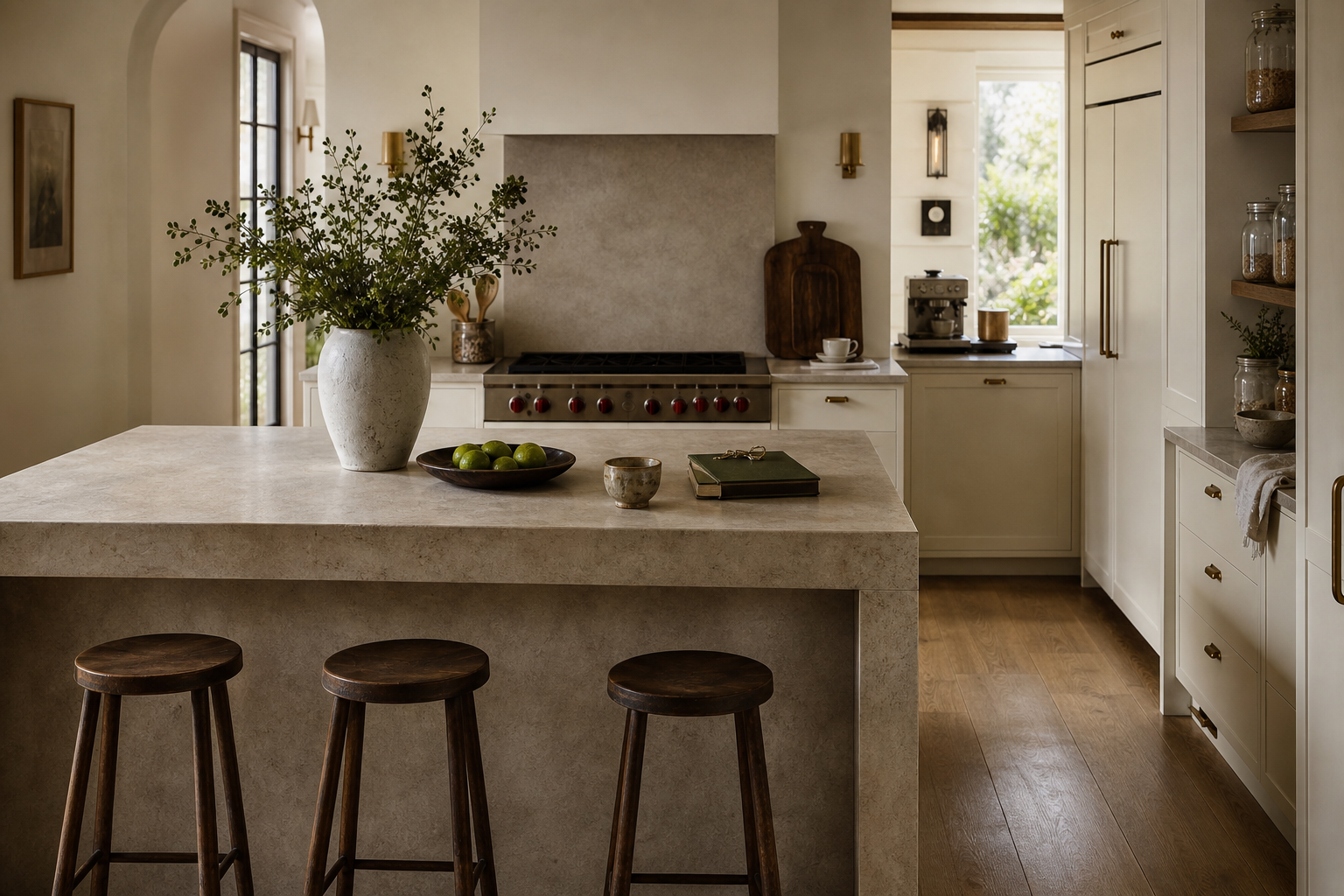 Belgian Limestone Kitchen Island with Garden View