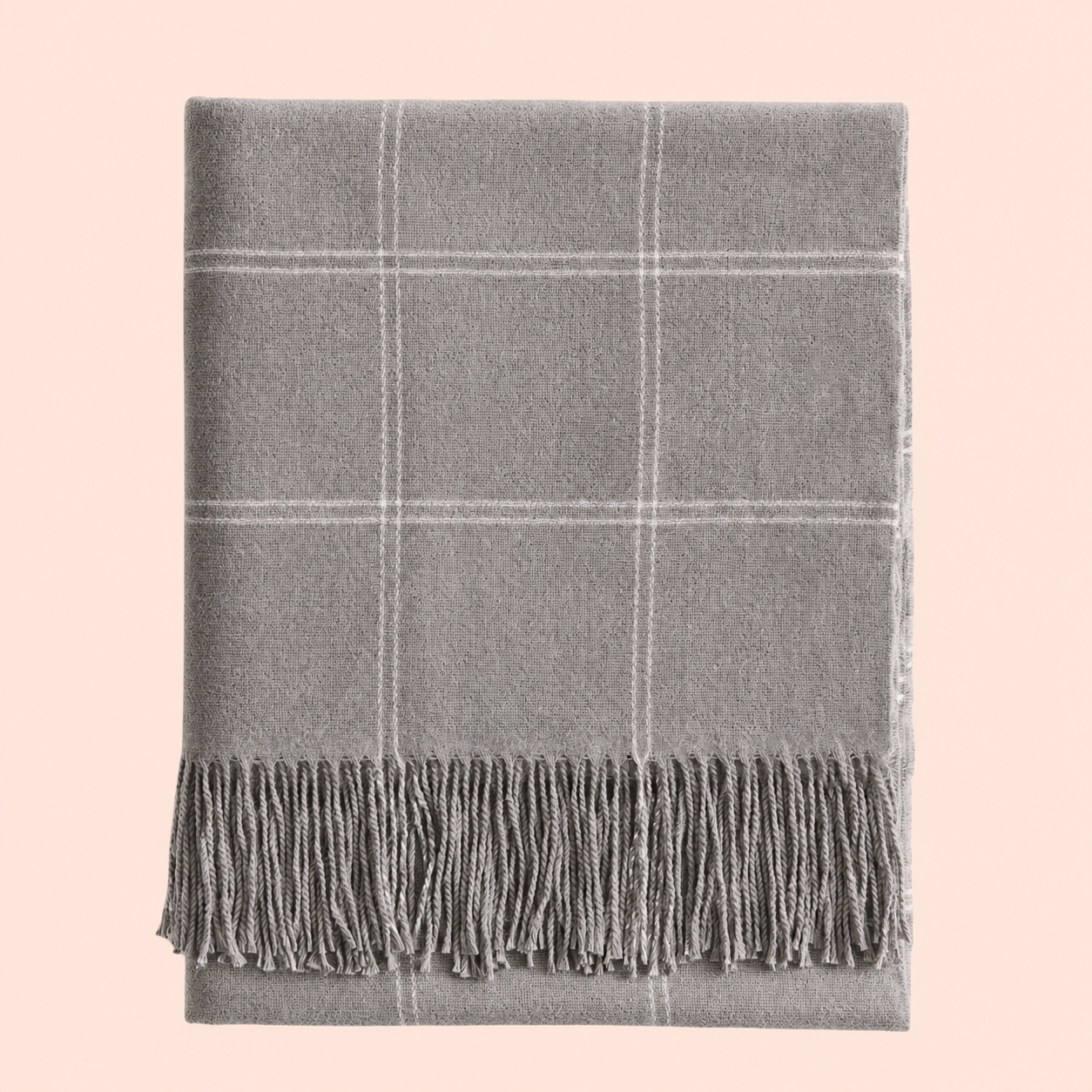 H&M light grey checked blanket in brushed viscose blend with fringing 