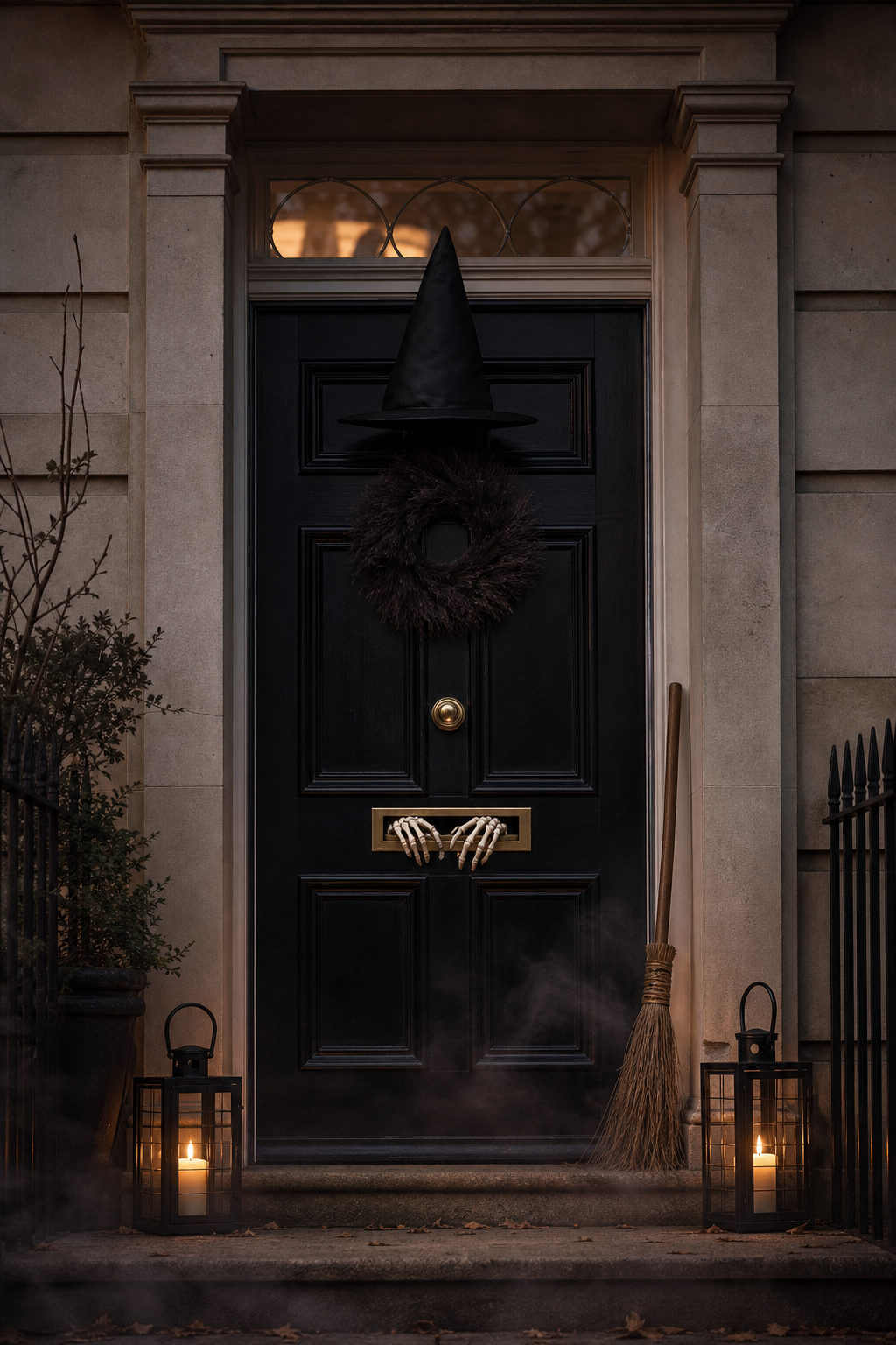 Illustrative image of a black Georgian front door dressed for Halloween with a witch hat, dark wreath, lanterns and a broom