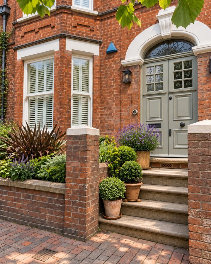 Red-brick Victorian house with sage-green double front door, cream mouldings and potted plants on stone steps