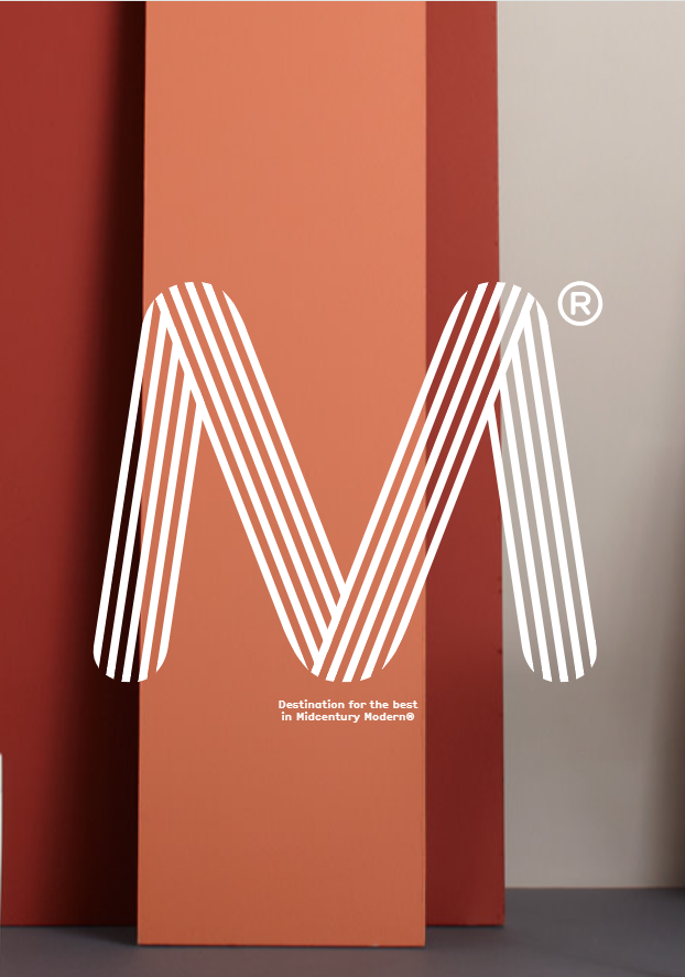 Midcentury Modern striped M logo against terracotta and red panels
