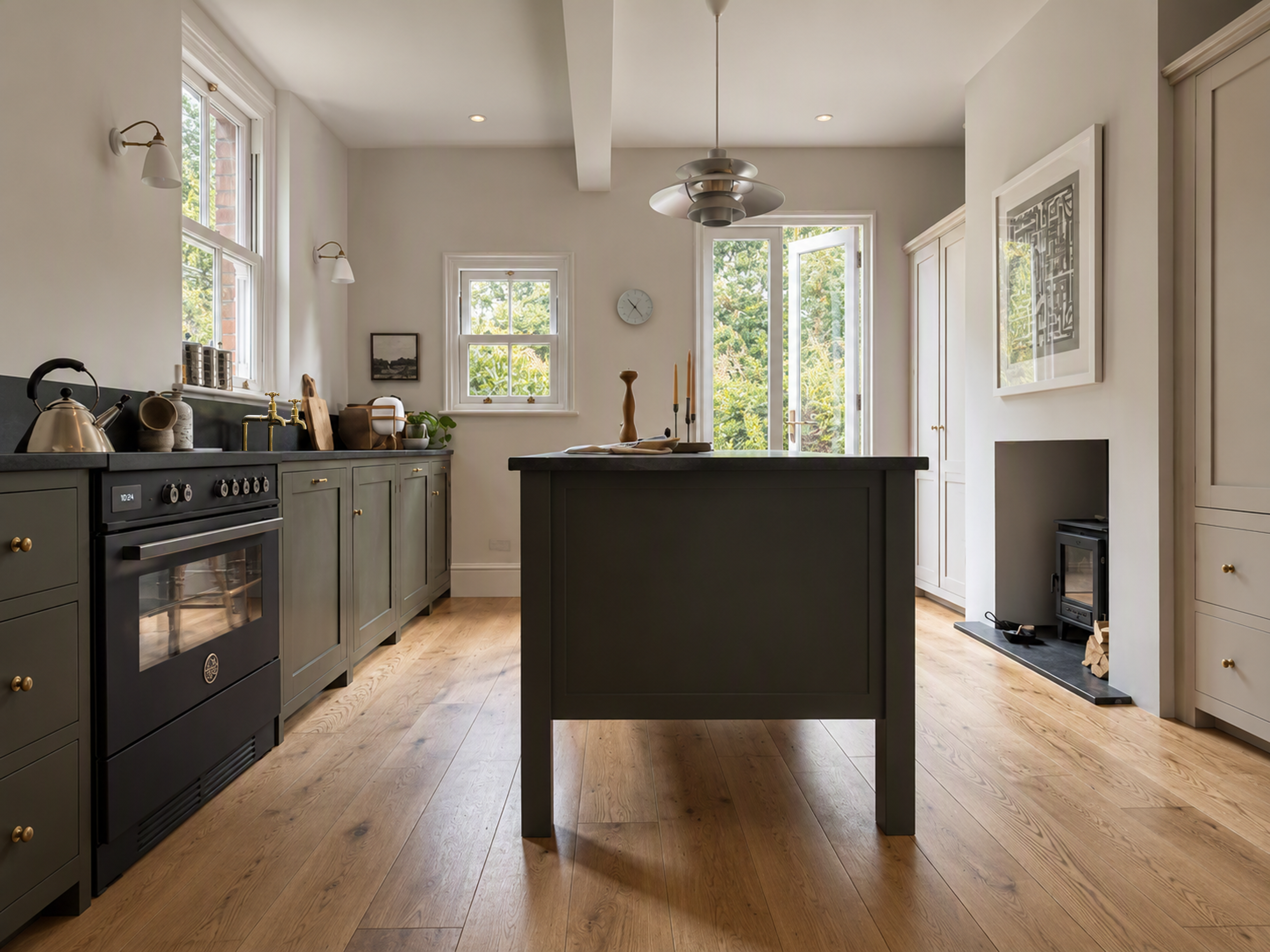 My Victorian Shaker kitchen after the reconfiguration, with garden doors and painted cabinetry